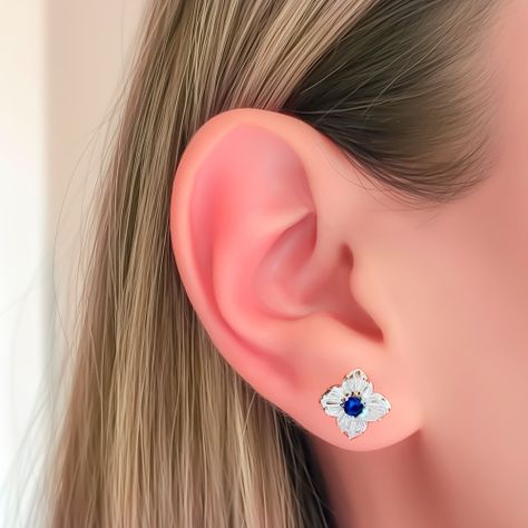 Aros Trébol Circón Azul Blanco Plata Fina 925 -2