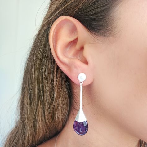 Aros Amatista Gota Plata Fina 925 Satinado-2