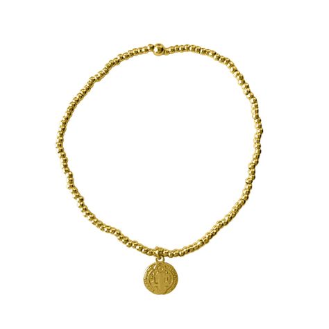 Pulsera Bolitas Medalla San Benito Enchapado Oro 18K Elásticada -0