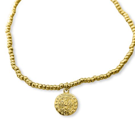 Pulsera Bolitas Medalla San Benito Enchapado Oro 18K Elásticada -1