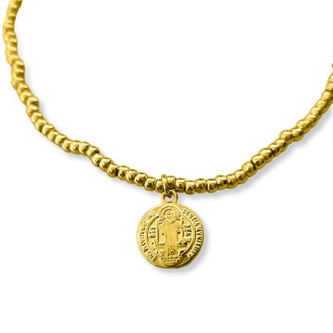 Pulsera Bolitas Medalla San Benito Enchapado Oro 18K Elásticada -2