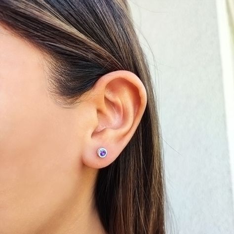Aros Punto de Luz Redondos Circón Morado 5mm Plata Fina 925-2
