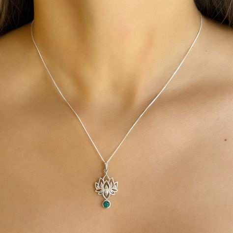 Collar Flor De Loto Ónix Verde Plata Fina 925-2