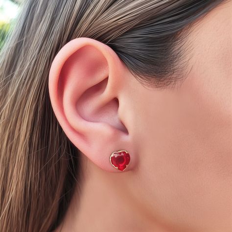 Aros Corazón Circón Rojo 8mm Enchapado Oro 18K-2