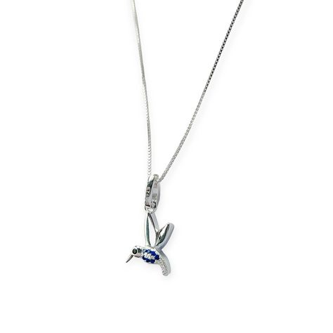Collar Colibrí Circón Azul Blanco Plata Fina 925-0