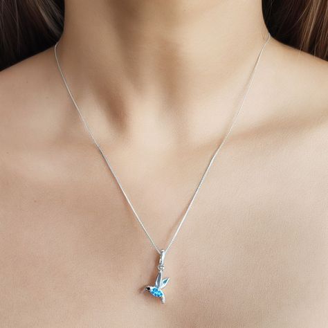 Collar Colibrí Circón Azul Blanco Plata Fina 925-2