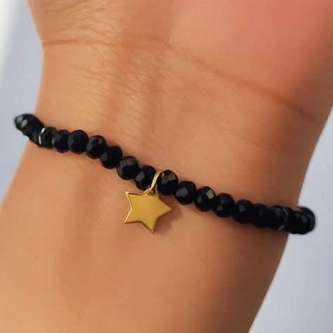 Pulsera Elásticada Cristales Negro Estrella Enchapado Oro 18K-2
