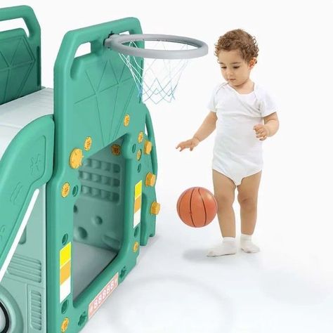 Set 3 en 1 Autobús Tobogán y Aro Basketball Verde-2