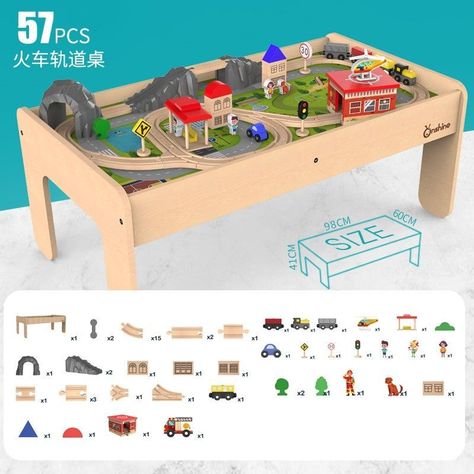 Mesa Educativa Con pista de trenes de madera 57 piezas-2