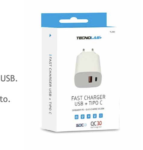 CARGADOR RAPIDO TECNOLAB 20W CERTIFICADO QC 3.0 + PD TL301-3