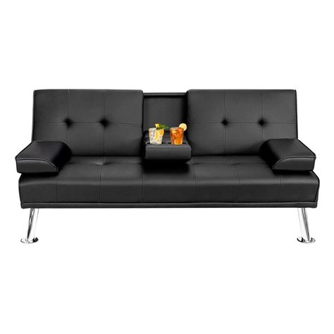 Futon Sofa Cama Navy Negro con Porta vasos y Apoya Brazos-0