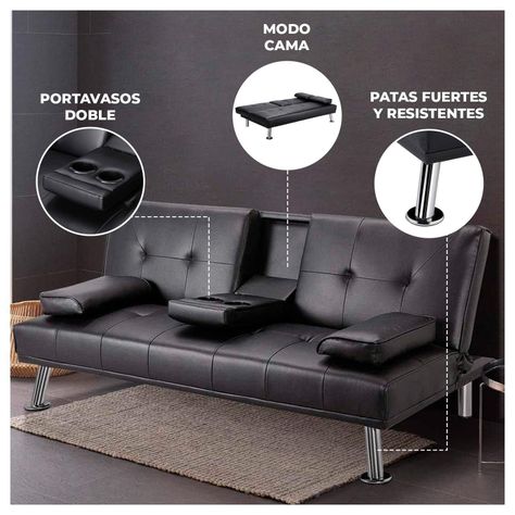 Futon Sofa Cama Navy Negro con Porta vasos y Apoya Brazos-1