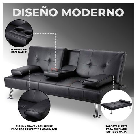 Futon Sofa Cama Navy Negro con Porta vasos y Apoya Brazos-3