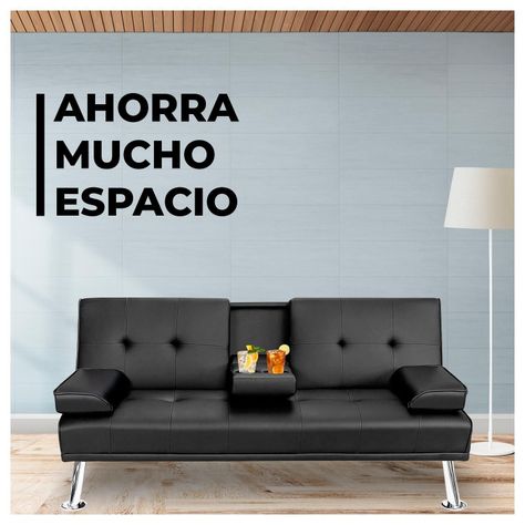 Futon Sofa Cama Navy Negro con Porta vasos y Apoya Brazos-4