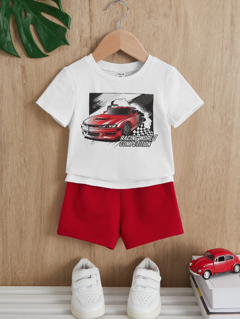 Set de Camiseta y Shorts Deportivos para Chicos - Diseño de Coche Rojo-2