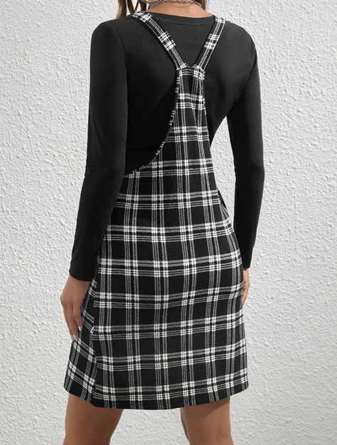 Conjunto Casual de 2 Piezas en Blanco y Negro con Estampado a Cuadros-3