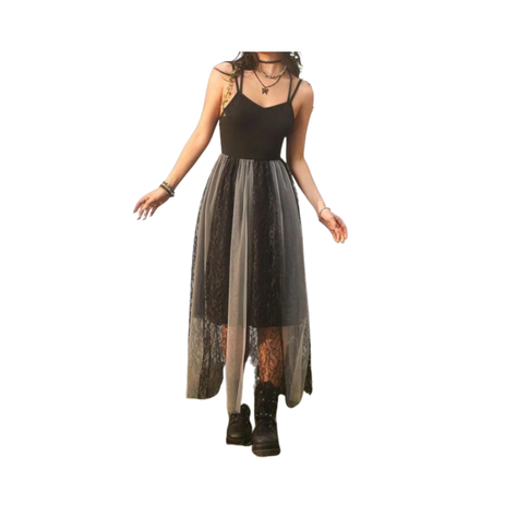 Vestido Largo con Encaje y Apliques de Mariposa - Negro-0