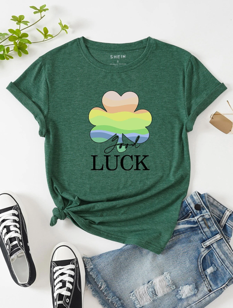 Camiseta Casual "Good Luck" en Verde Oscuro-3