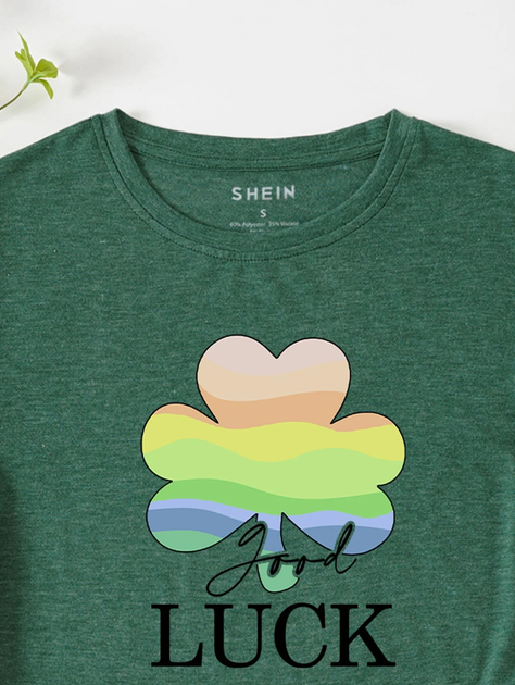Camiseta Casual "Good Luck" en Verde Oscuro-4