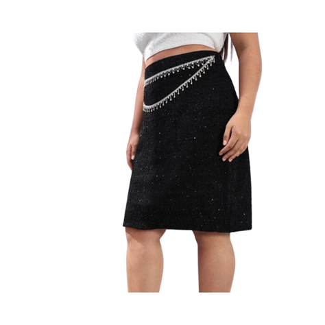 Falda Negra Recta con Detalles de Diamantes de Imitación-0