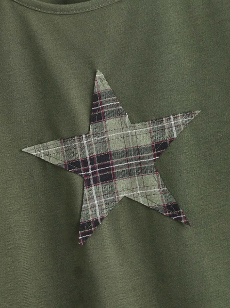 Camiseta con Estampado Geométrico y A Cuadros - Verde Militar-4