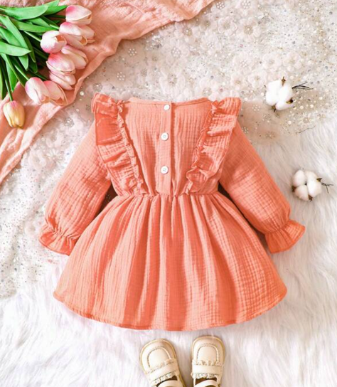 Vestido A-Line Naranja para Niñas con Volantes-1