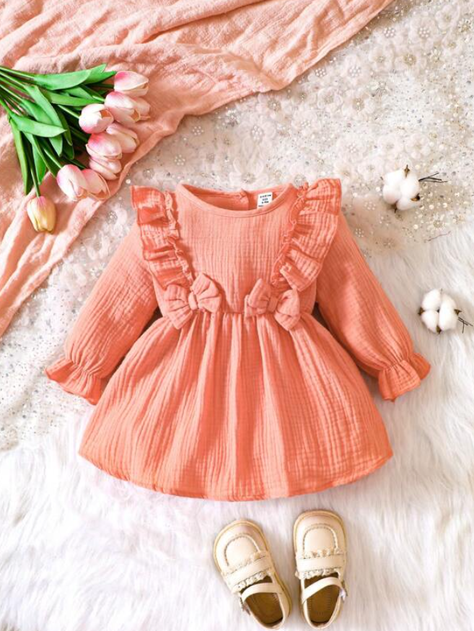 Vestido A-Line Naranja para Niñas con Volantes-2