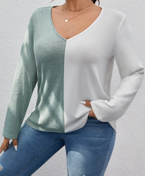 Camiseta Bicolor de Cuello en V Tallas Grandes-1