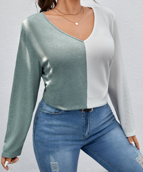 Camiseta Bicolor de Cuello en V Tallas Grandes-2