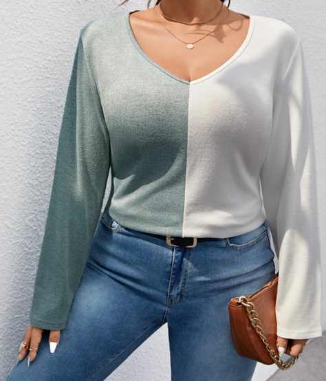 Camiseta Bicolor de Cuello en V Tallas Grandes-3