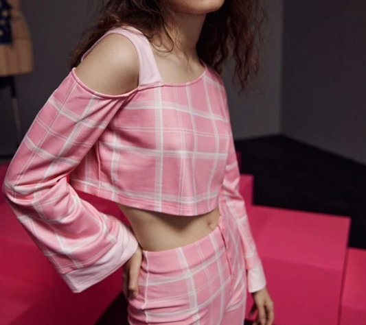 Camiseta Casual a Cuadros - Rosa y Blanco-4