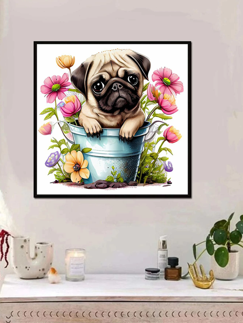 Pintura de Diamantes DIY - Patrón de Perro en Flores-1