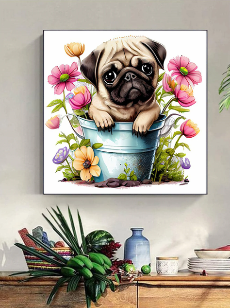 Pintura de Diamantes DIY - Patrón de Perro en Flores-2