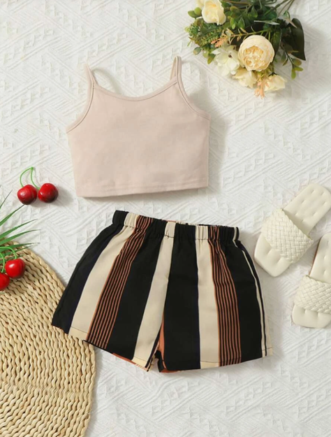 Conjunto de Dos Piezas para Chicas - Top de Tirantes y Shorts a Rayas-1