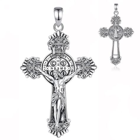 Colgante cruz de san benito maciza full definición en plata fina 950, con cadena-0