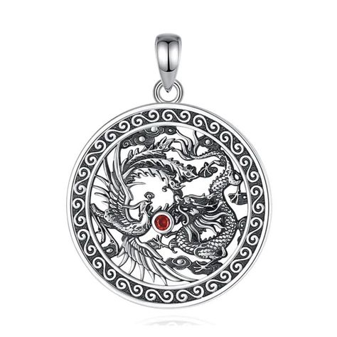 Colgante ave fenix y dragon con piedra granate en plata fina 950-0