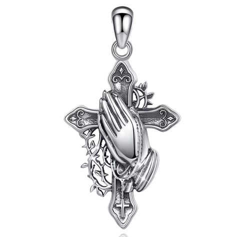 Hermoso colgante Cruz cristiana con manos, fabricado en plata fina 950 con excelente definición y de-0