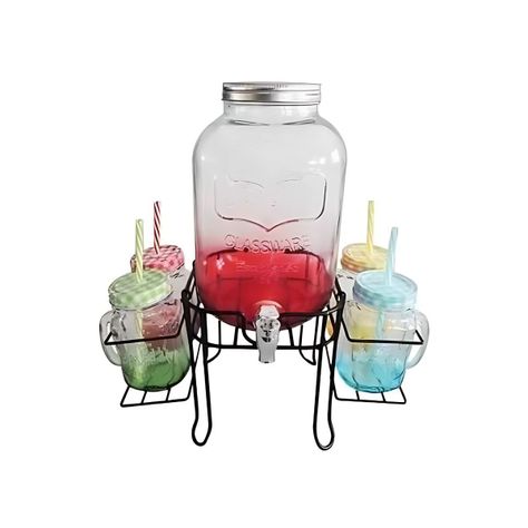 Pack Dispensador + 4 Jarros Vidrio Ice Cold Drink Jars,retro-0