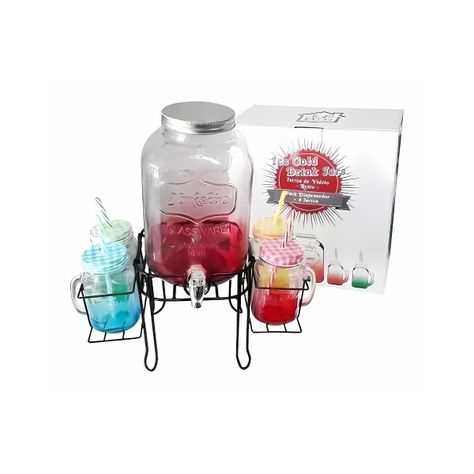 Pack Dispensador + 4 Jarros Vidrio Ice Cold Drink Jars,retro-1