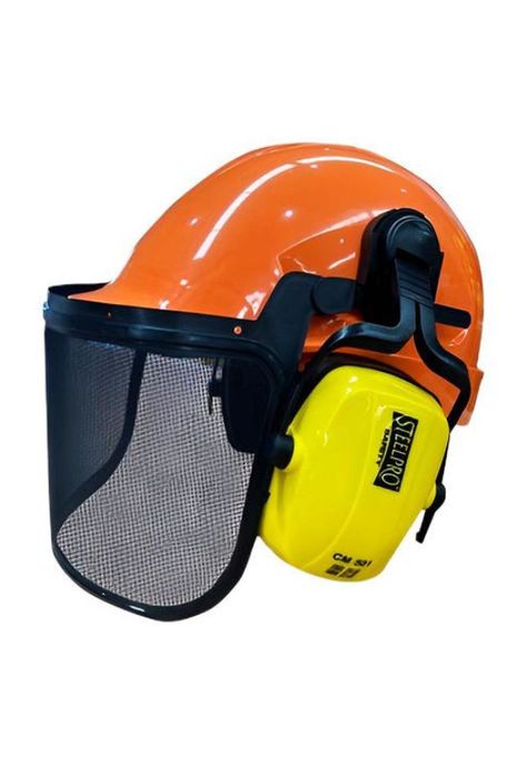 Casco Con Protección Visual Y Auditiva Para Motosierra Color Naranja-1