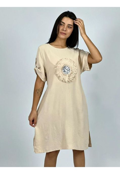 Vestido Crepe Holgado Circulo con Brillo Beige Enigmática Boutique-0