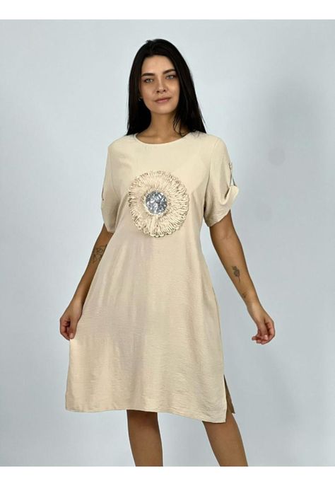Vestido Crepe Holgado Circulo con Brillo Beige Enigmática Boutique-1