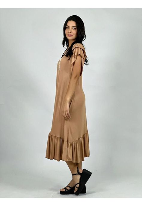 Vestido Algodón con Faroleos Camel Enigmática Boutique-1