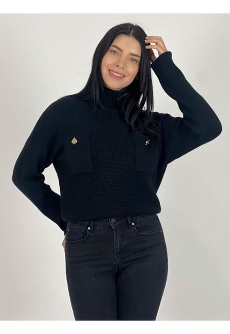 Sweater Con Bolsillos Y Botones De Pica Negro-0