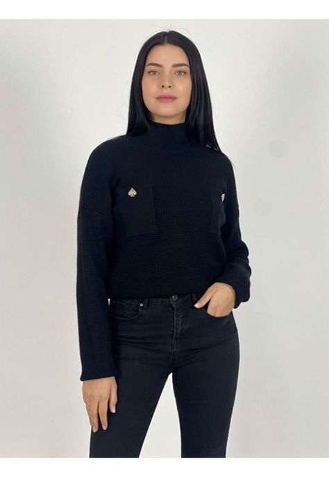 Sweater Con Bolsillos Y Botones De Pica Negro-1