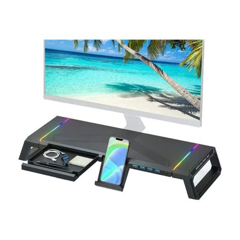 Soporte Base Organizador RGB para Monitor, notebook, incluye 4 puertos USB 3.0-3