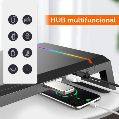 Soporte Base Organizador RGB para Monitor, notebook, incluye 4 puertos USB 3.0-5