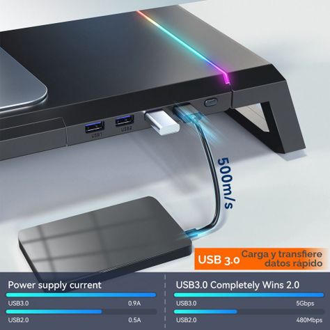 Soporte Base Organizador RGB para Monitor, notebook, incluye 4 puertos USB 3.0-6