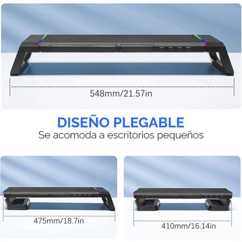 Soporte Base Organizador RGB para Monitor, notebook, incluye 4 puertos USB 3.0-7