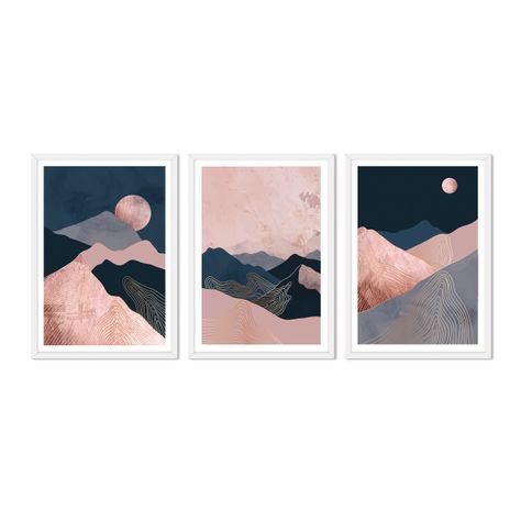 Set Triple Cuadros Abstracto Lunas -0